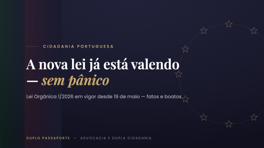 Faixas da bandeira de Portugal e círculo de estrelas da UE em dourado sobre fundo navy — a nova lei já está valendo, sem pânico