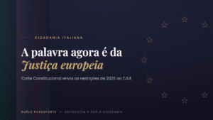 Círculo de estrelas da União Europeia em dourado e cores da Itália sobre fundo navy — a palavra agora é da Justiça europeia